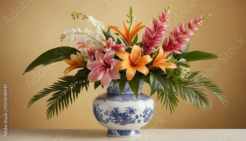 Elegant flower arrangement in a porcelain vase on a wooden table with a warm beige background

