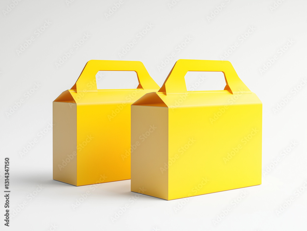 Two Yellow Cardboard Takeout Boxes with Handles Mockup Packaging Food Delivery Containers Two Yellow Cardboard Takeout Boxes with Handles Mockup Packaging Food Delivery Containers