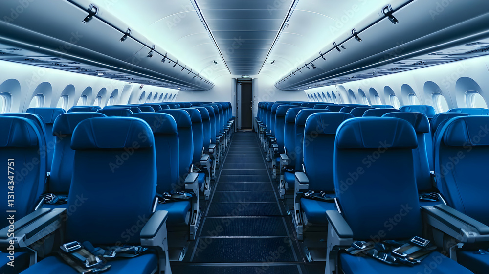 Modern Airplane Cabin Interior With Empty Blue Seats And Illuminated Aisle In Dim Lighting Perfect Symmetry Modern Airplane Cabin Interior With Empty Blue Seats And Illuminated Aisle In Dim Lighting Perfect Symmetry