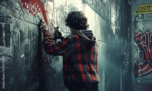 A young person in a plaid shirt writing graffiti art on a weathered, textured wall.