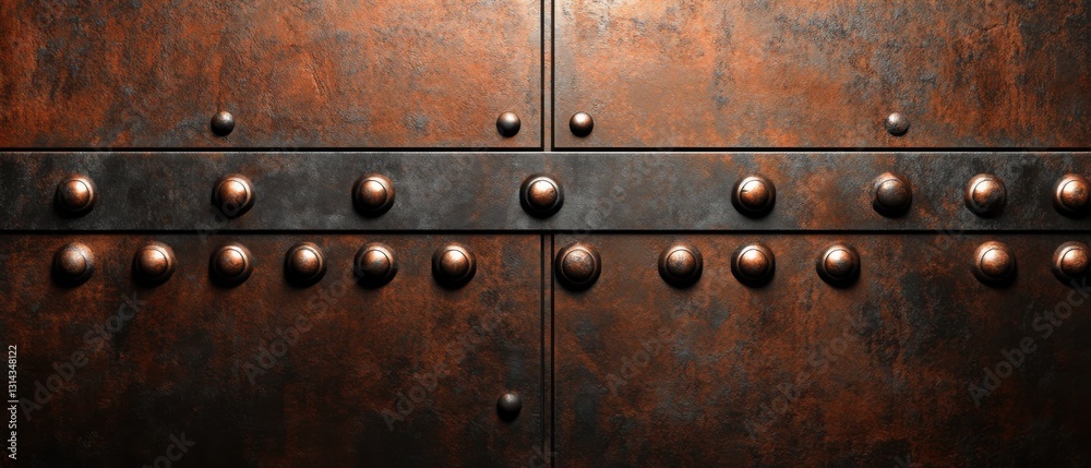 Fototapeta premium Rusted Metal Plate with Rivets, Industrial Texture Background Closeup of weathered copper and iron surface with bolts Concept of grunge, steampunk, and vintage design