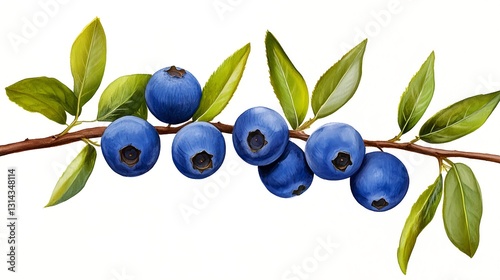 Blueberries On Branch Watercolor Style Illustration