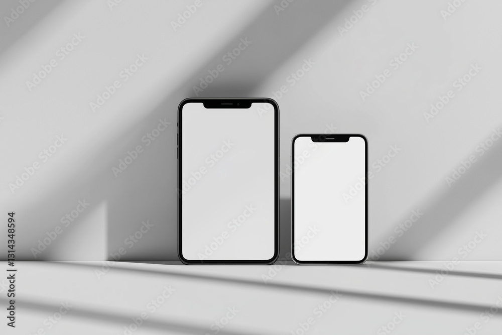 Modern Smartphone Mockup Two Blank Screen Devices on White Surface with Sunlight Shadows Modern Smartphone Mockup Two Blank Screen Devices on White Surface with Sunlight Shadows