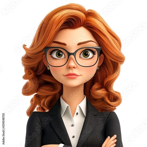 Cartoon Businesswoman Portrait With Curly Hair And Glasses