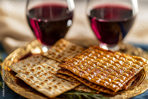 Celebrating Passover with matzah and wine in a festive and traditional setting photo