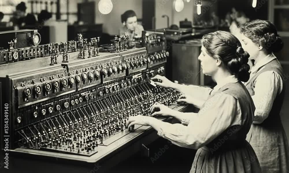 Two young women working at a large telephone switchboard in a vintage setting.