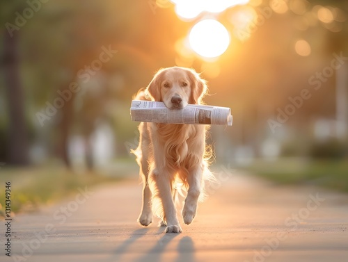 Golden Retriever Carrying a Newspaper Down a Suburban Driveway at Sunrise