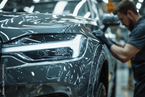 Close up of mechanic applying protective film to silver gray suv in modern automotive paint shop