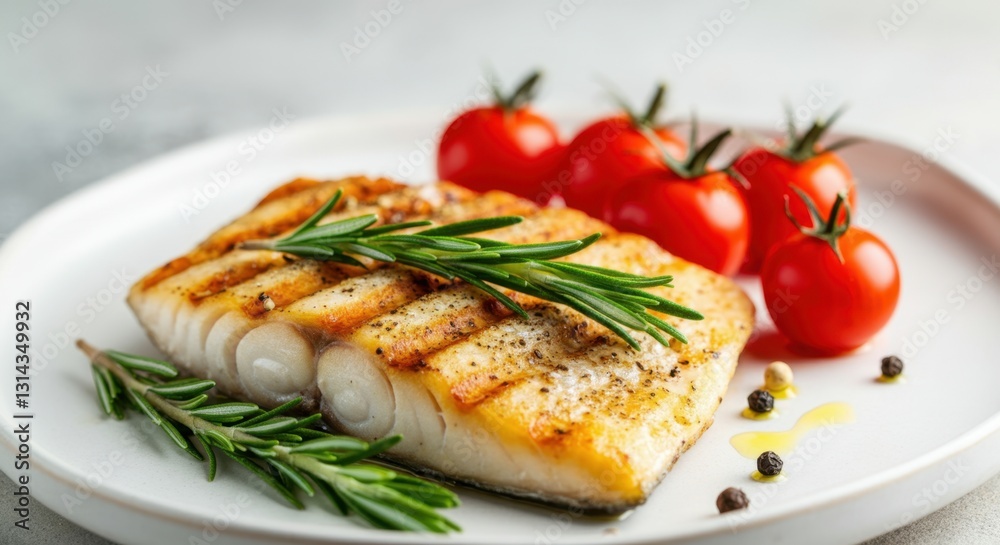 A perfectly grilled piece of fish rests on a white plate, garnished with fresh rosemary sprigs and seasoned with cracked black pepper A perfectly grilled piece of fish rests on a white plate, garnished with fresh rosemary sprigs and seasoned with cracked black pepper
