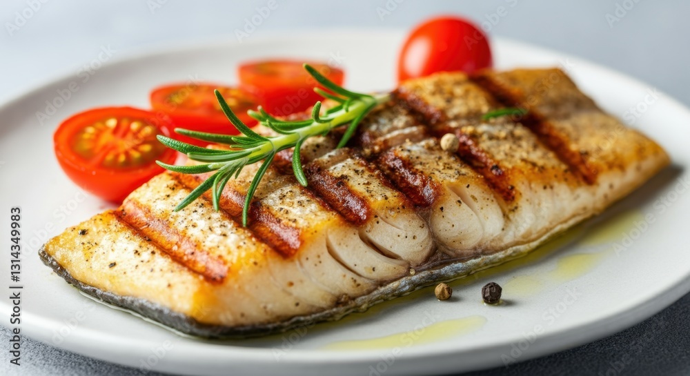 A perfectly grilled piece of fish rests on a white plate, garnished with fresh rosemary sprigs and seasoned with cracked black pepper A perfectly grilled piece of fish rests on a white plate, garnished with fresh rosemary sprigs and seasoned with cracked black pepper