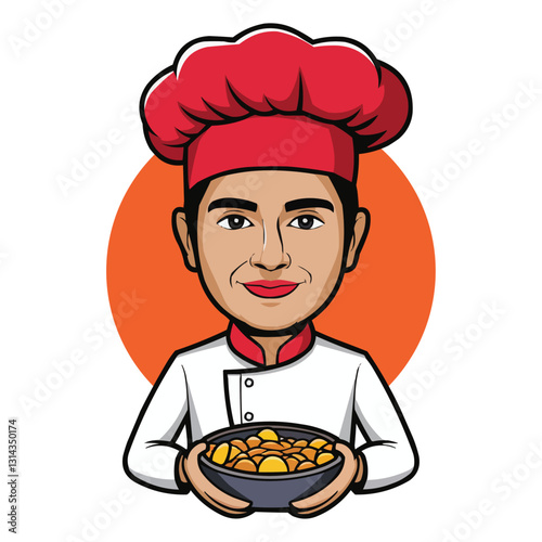 Smiling Cartoon Chef with Delicious Food