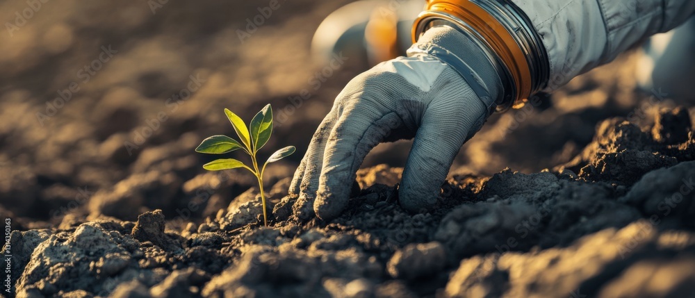 Obraz premium Astronaut hand planting seedling on Mars, symbolizing hope, exploration, and the potential for life on other planets in a barren landscape