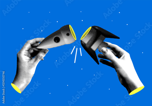 Halftone hands holding rocket halves. Rocket construction. Modern collage. Concept of work, inventions, startup