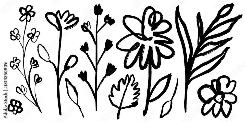 Fototapeta premium Collection of simple plants painted with dry brush. Set of childish style flowers and leaves isolated on white background. Silhouettes of botanical elements