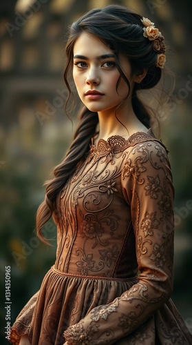 Majestic Majolica Fantasy Dress in Surreal Outdoor Environment with Art Nouveau and Baroque Influences