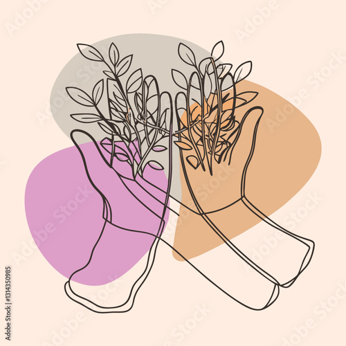 Minimalist line art of hands holding growing plants. Ideal illustration for sustainable gardening, eco lifestyle, nature care, cultivation, wellness, and organic gardening projects.
