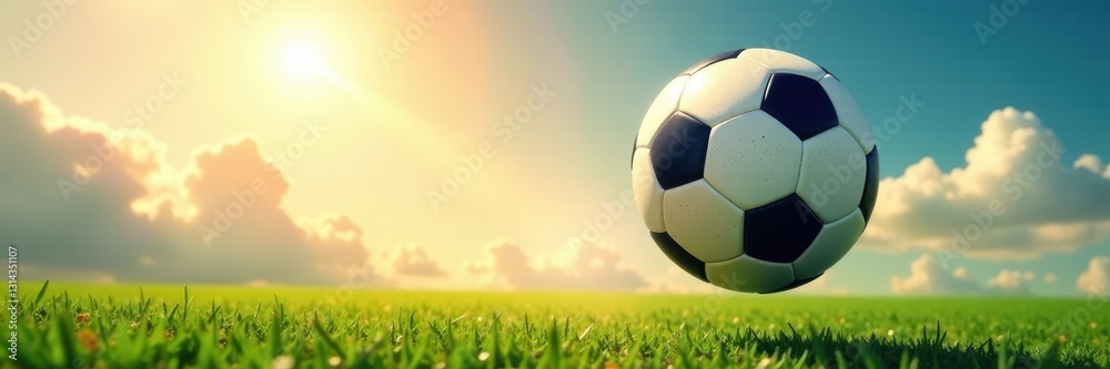 Fototapeta premium Soccer ball in mid-air, arc trajectory against bright sky, colors, clear