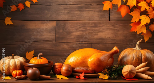 A rustic autumn background with falling leaves enhances the warmth of a traditional Thanksgiving feast