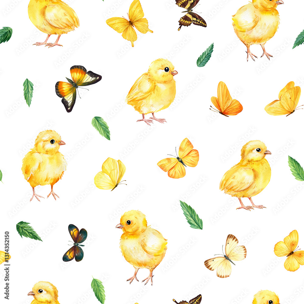 Fototapeta premium Seamless pattern with yellow chicks, butterflies, leaves for baby fabric, wrapping, textile and wallpaper Watercolor art