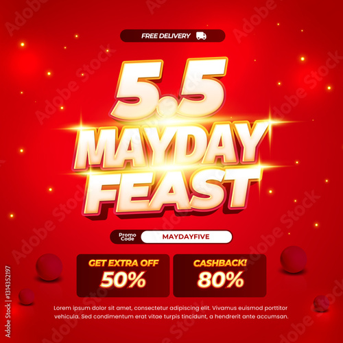5.5 Mayday Feast Sale discount deals Premium Red gradient Editable text effect showcase Podium simple promotional Square banner
