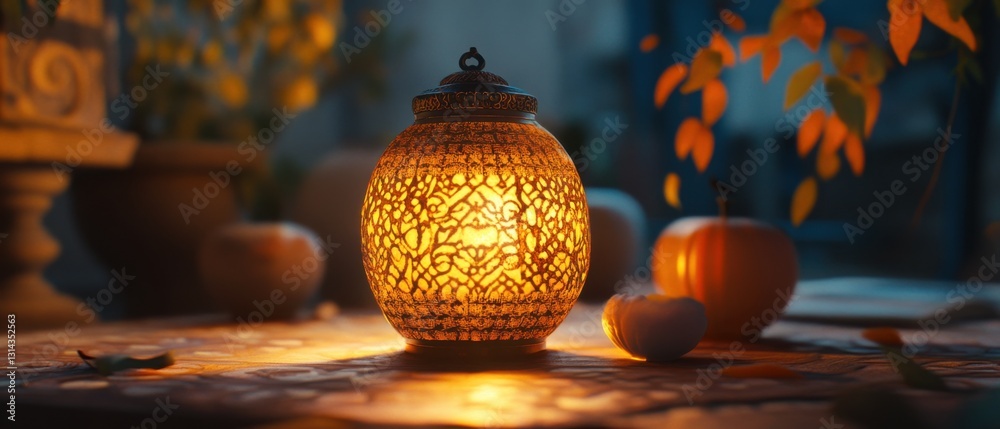 Obraz premium Warm glowing lantern with pumpkins and autumn leaves on a table, creating a cozy and festive fall atmosphere for Thanksgiving or Halloween