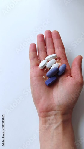 Woman shows pills on palm. Lady holds vitamins Medical supplements for wellbeing