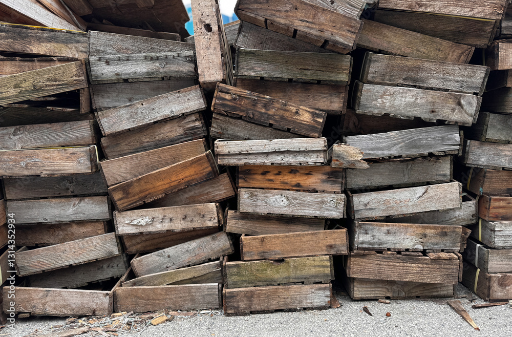 Wooden crates, fish crates, empty boxes piled up in the harbor Wooden crates, fish crates, empty boxes piled up in the harbor