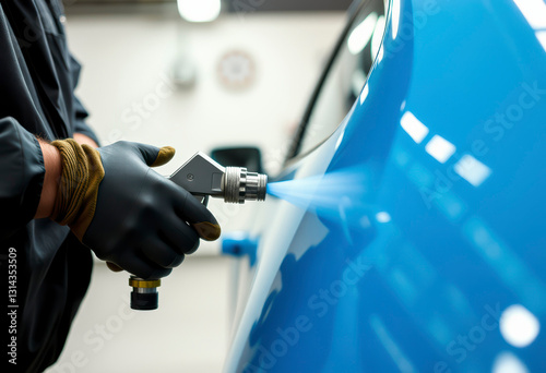 A worker applies a fresh coat of paint to a car using a spray gun in an auto shop setting, focusing on precision and detail.