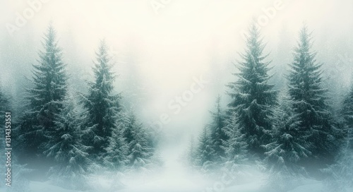 Tranquil Misty Winter Forest with Snow-Covered Pine Trees and Serene Ethereal Atmosphere