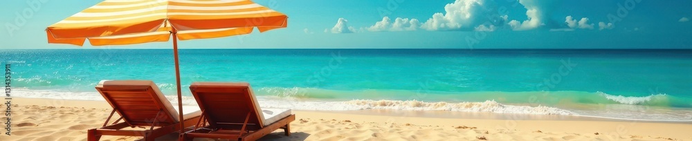 Obraz premium Sun-drenched striped beach umbrella over comfortable sunbed on golden sand, striped, background, water