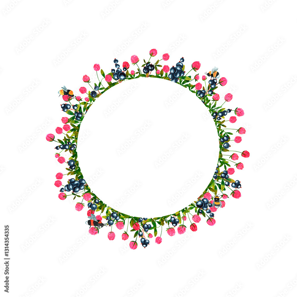 Fresh blackcurrant berries and clover flowers. Set of round frames of watercolor berries and clover, dragonflies, butterflies, bumblebees and bees. Clip art, design element. Fresh blackcurrant berries and clover flowers. Set of round frames of watercolor berries and clover, dragonflies, butterflies, bumblebees and bees. Clip art, design element.