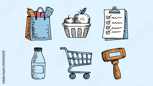 Vector Icon Set for Grocery Shopping: Cart, Basket, Checklists, Milk, and More for Food and Retail Designs