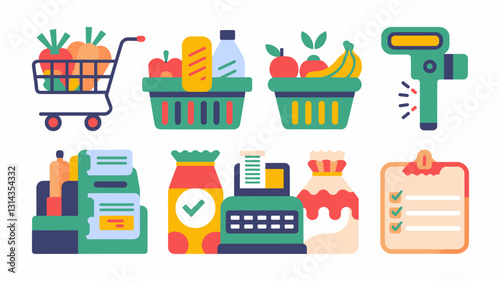 Grocery Shopping Vector Icons Set with Cart, Baskets, Cash Register, Barcode Scanner, and Checklist for Retail and E-commerce Designs