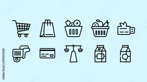 Shopping and Grocery Vector Icon Set for E-commerce, Cart, Payment, and Fresh Food - Minimalist Line Icons for Retail and Delivery Design