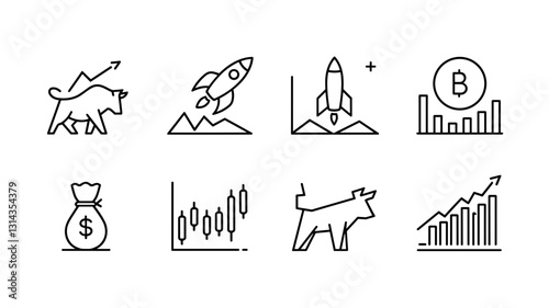 Finance and Investment Vector Icon Set Featuring Bull and Bear Markets, Cryptocurrency, Stock Charts, and Rocket Launches for Business Graphics