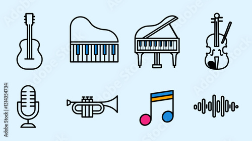 Music Vector Icon Set: Guitar, Piano, Violin, Microphone, Trumpet, Notes, Sound Waves for Creative Projects and Graphic Design
