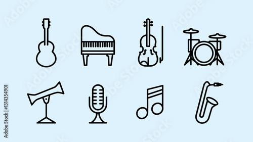 Music Icon Set: Vector Illustrations of Instruments, Microphone, Notes for Music Lovers, Designers & Events in a Modern Style for Websites & Apps