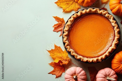 Pumpkin Pie with Autumn Leaves and Mini Pumpkins on Green Background for Cozy Fall Themes and Seasonal Menus photo