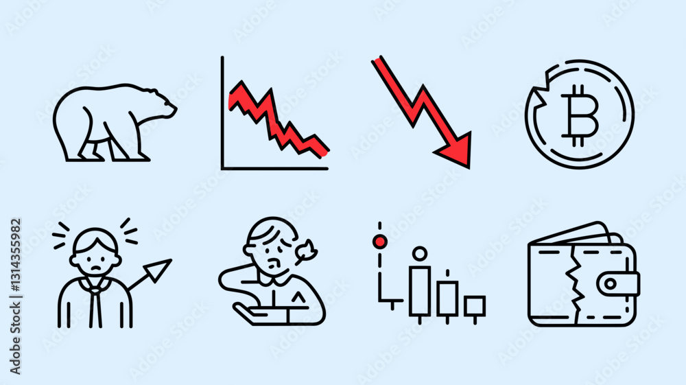Fototapeta premium Vector Icon Set for Finance, Cryptocurrency, Stock Market Trends, Bear and Bull Symbols, Trading Charts, and Personal Finance Illustrations
