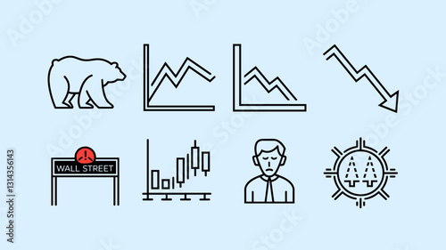 Business and Finance Vector Icon Set Featuring Bear Market, Stock Charts, Wall Street Signs, Trading Icons for Financial Analysis and Investment Strategy
