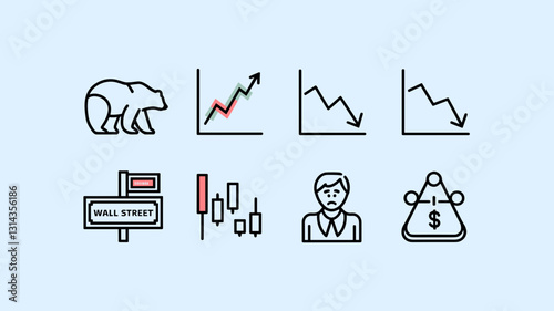 Stock Market Vector Icon Set for Trading, Finance, Investment, Bear Market, Wall Street Graphics, Trend Analysis, and Business Growth Illustrations