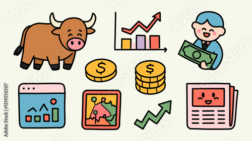 Finance Vector Icon Set with Bull Market, Stock Charts, Money, and Investment Graphics for Business and Financial Themes