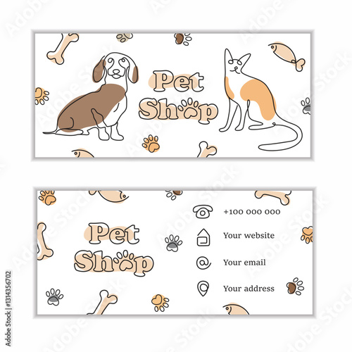 Pet shop business card with cat, dog, logo, address, drawn in thin line style and colored with colorful spots.