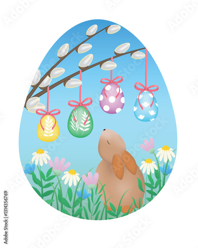 Easter greeting card. Vector illustration with Easter eggs, Easter bunny and pussy willow branches.