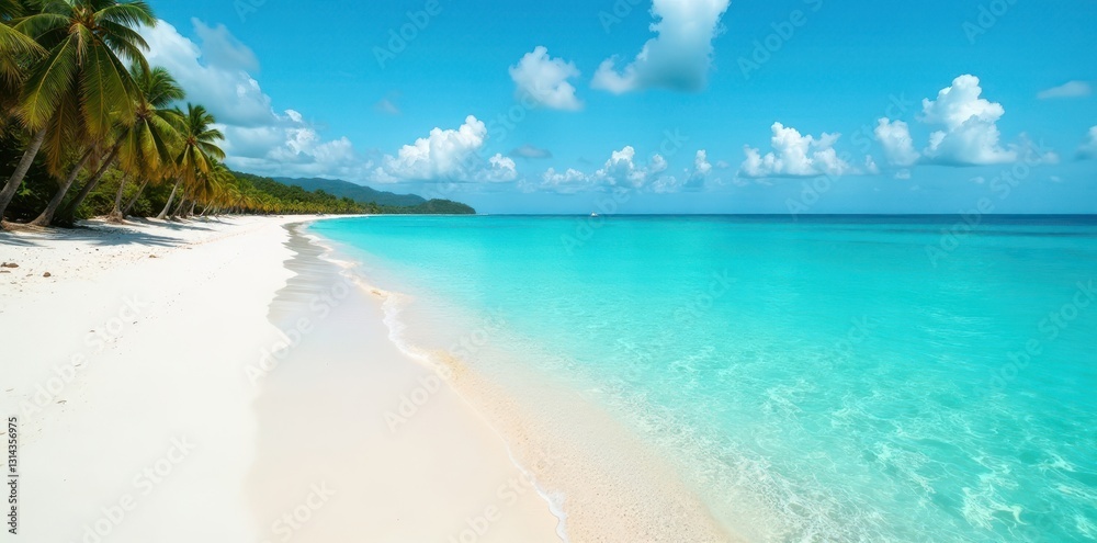 Fototapeta premium Tranquil turquoise water laps white sand shore, image, sun