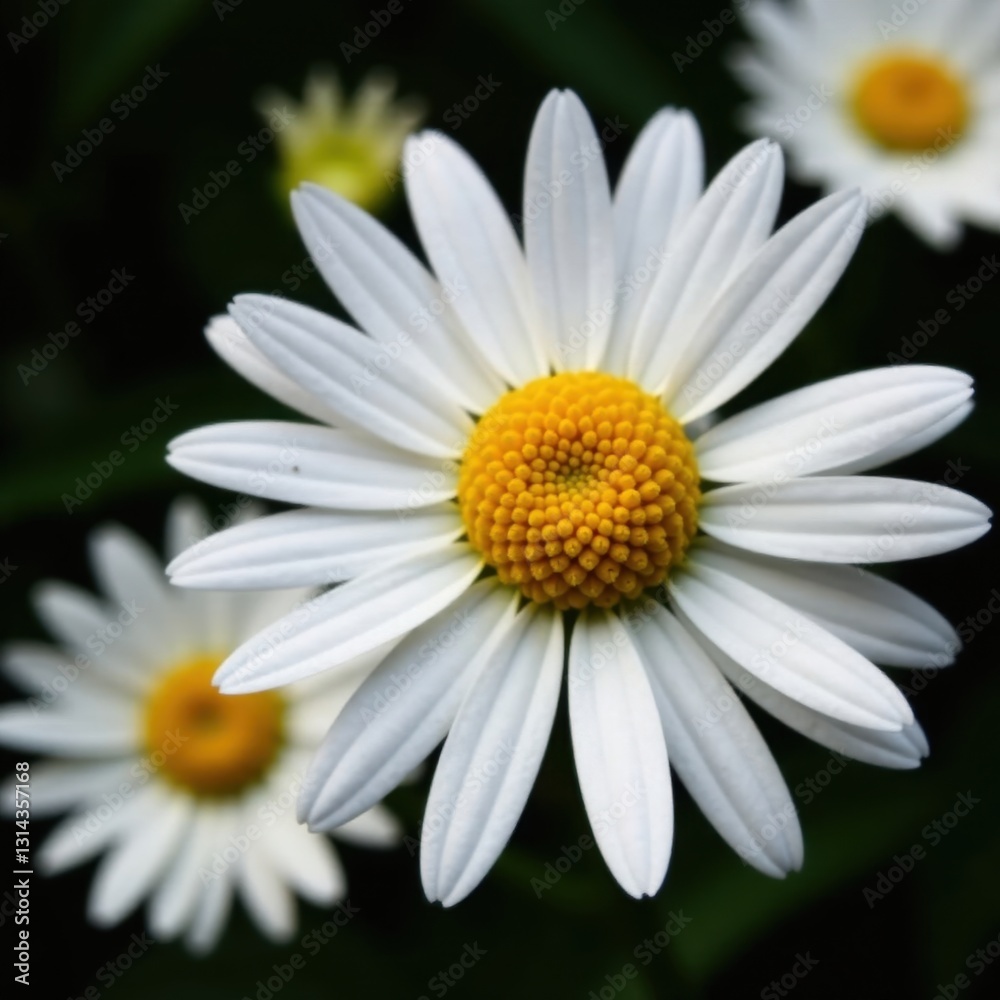 Triple daisy bloom, vivid yellow centers, fine detail, dark background , black, photography, picture Triple daisy bloom, vivid yellow centers, fine detail, dark background , black, photography, picture