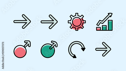 Vector Icon Set for Business Growth, Progress, Male Gender Symbols, Data Analysis, and Recycle - Modern Design for Infographics and Websites