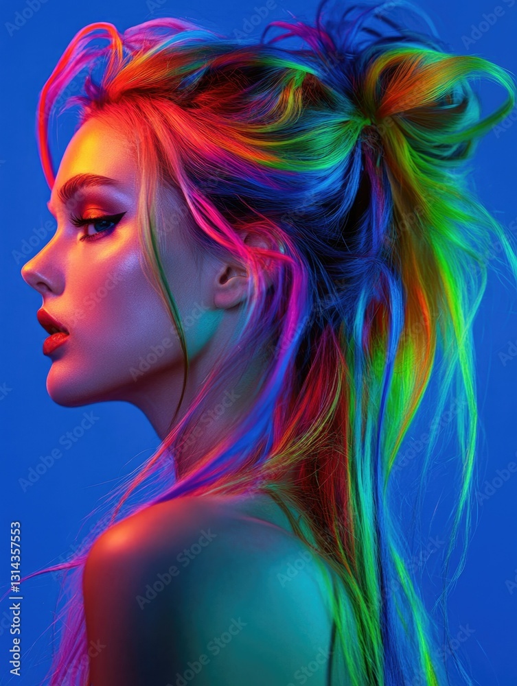 Naklejka premium This image captures the essence of modern pop culture, featuring a young, vibrant individual with rainbow hair and makeup that radiates an energy of positivity and creativity. The use of pastel hues