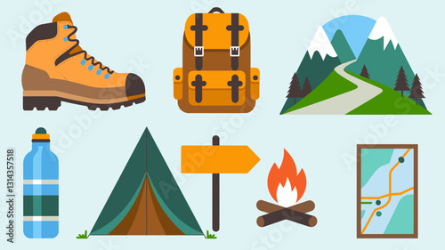 Camping Vector Icons Set for Outdoor Adventures, Hiking Gear, Nature Exploration, Travel Essentials, and Adventure Activities