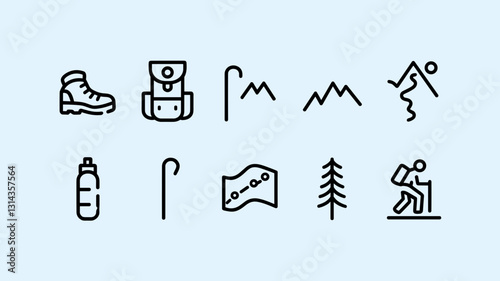 Adventure Icons Vector Set for Outdoor Activities, Hiking, Camping, Climbing, Nature Exploration, Backpacking, and Exploration Gear Illustrations